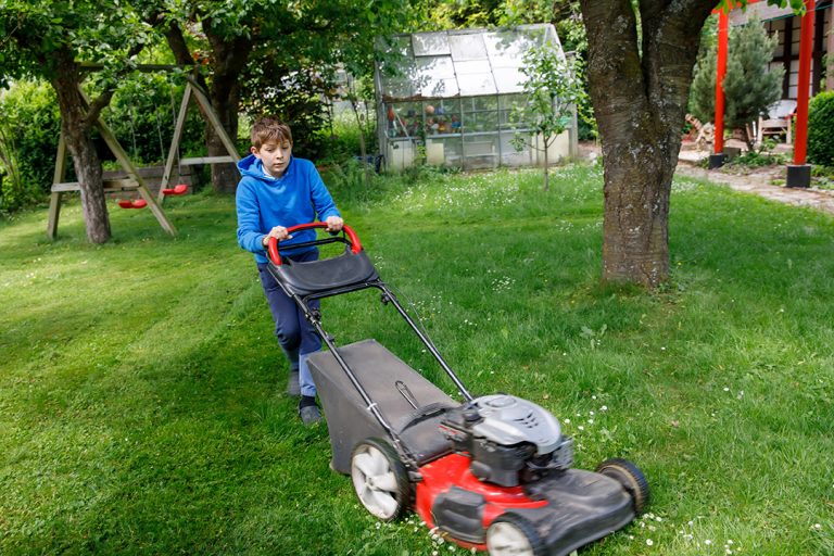 happy,preteen,kid,boy,with,lawn,mower.,portrait,of,smiling
